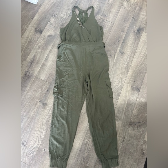 Olive Green Halter Jumpsuit with Rhinestones - Picture 4 of 7